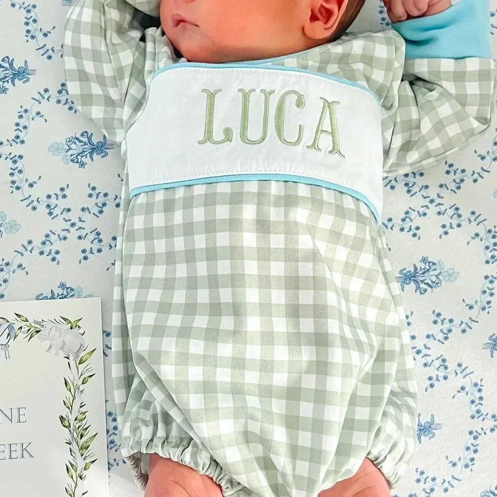 Luca onesie embroidered long sleeve romper gingham sage baby boy smock bubble